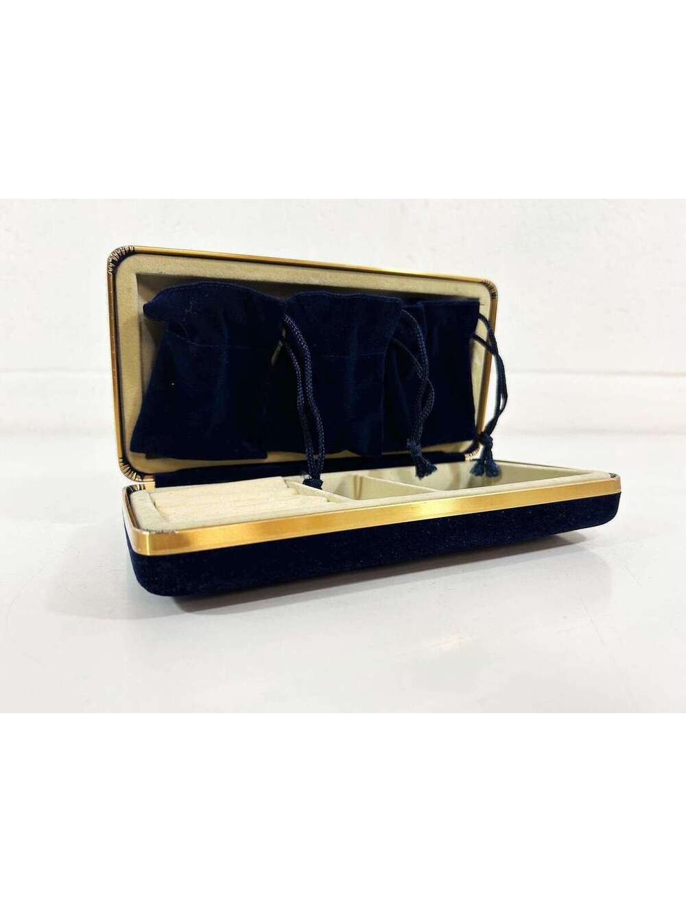Vintage Navy Blue Jewelry Box Velvet Earring Ring Case Gold Storage 1970s